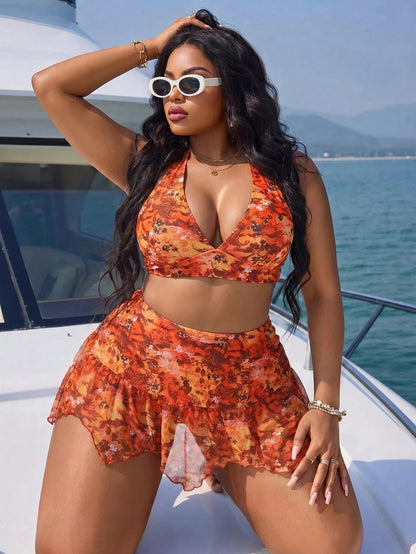 Slaydiva Plus Size Burnt Orange Halter V-Neck Swimsuit Set With High-Waisted Triangle Bottoms,Sheer Skirt Overlay,Summer Beach Vacation Wedding Holiday Outfit