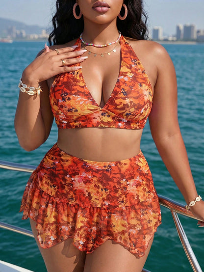 Slaydiva Plus Size Burnt Orange Halter V-Neck Swimsuit Set With High-Waisted Triangle Bottoms,Sheer Skirt Overlay,Summer Beach Vacation Wedding Holiday Outfit