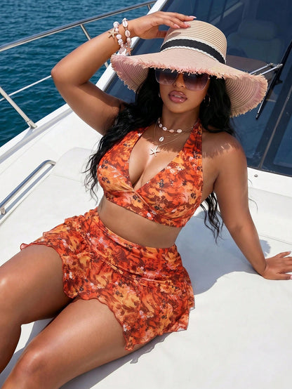 Slaydiva Plus Size Burnt Orange Halter V-Neck Swimsuit Set With High-Waisted Triangle Bottoms,Sheer Skirt Overlay,Summer Beach Vacation Wedding Holiday Outfit