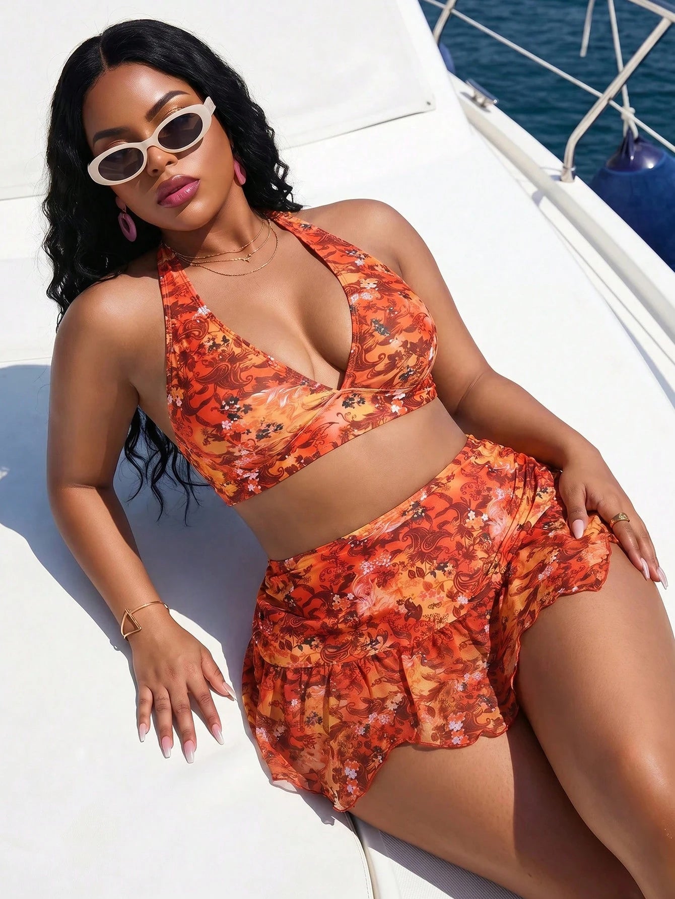 Slaydiva Plus Size Burnt Orange Halter V-Neck Swimsuit Set With High-Waisted Triangle Bottoms,Sheer Skirt Overlay,Summer Beach Vacation Wedding Holiday Outfit