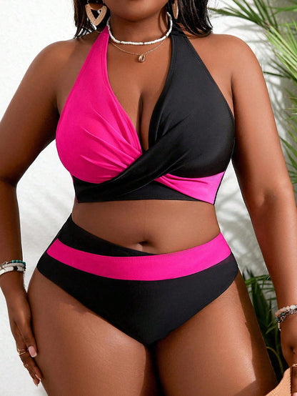Slaydiva Plus Size Contrast Color Swimwear Set