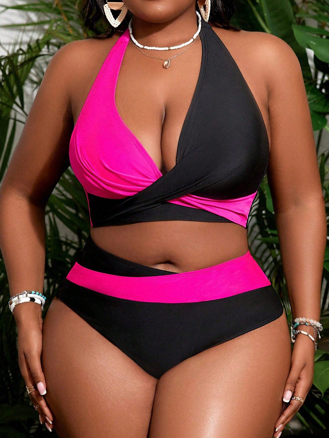 Slaydiva Plus Size Contrast Color Swimwear Set