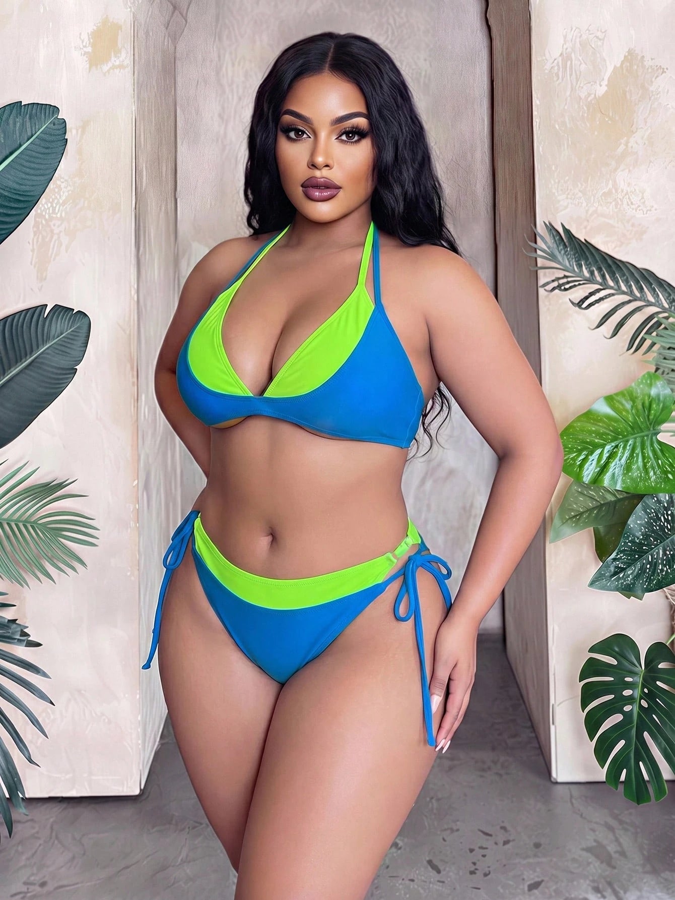 Slaydiva Plus Size European And American Color Block Triangle Halter Knotted Bikini Set, Splicing Swimwear For Beach Holiday Holiday Blue Green Summer