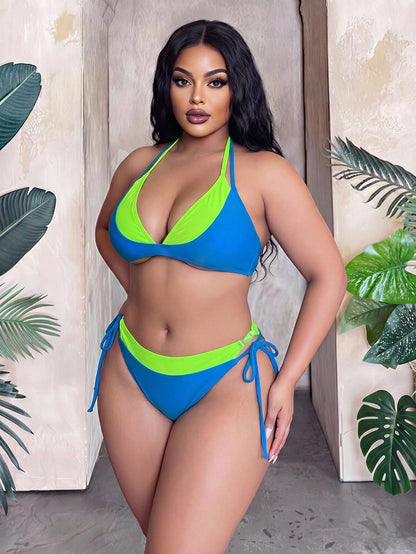 Slaydiva Plus Size European And American Color Block Triangle Halter Knotted Bikini Set, Splicing Swimwear For Beach Holiday Holiday Blue Green Summer