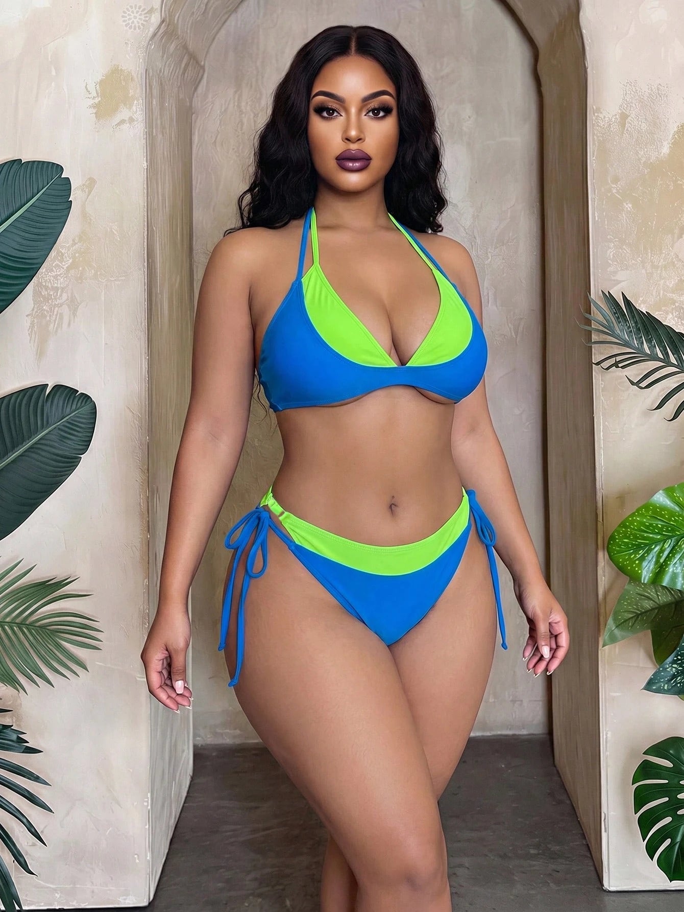 Slaydiva Plus Size European And American Color Block Triangle Halter Knotted Bikini Set, Splicing Swimwear For Beach Holiday Holiday Blue Green Summer