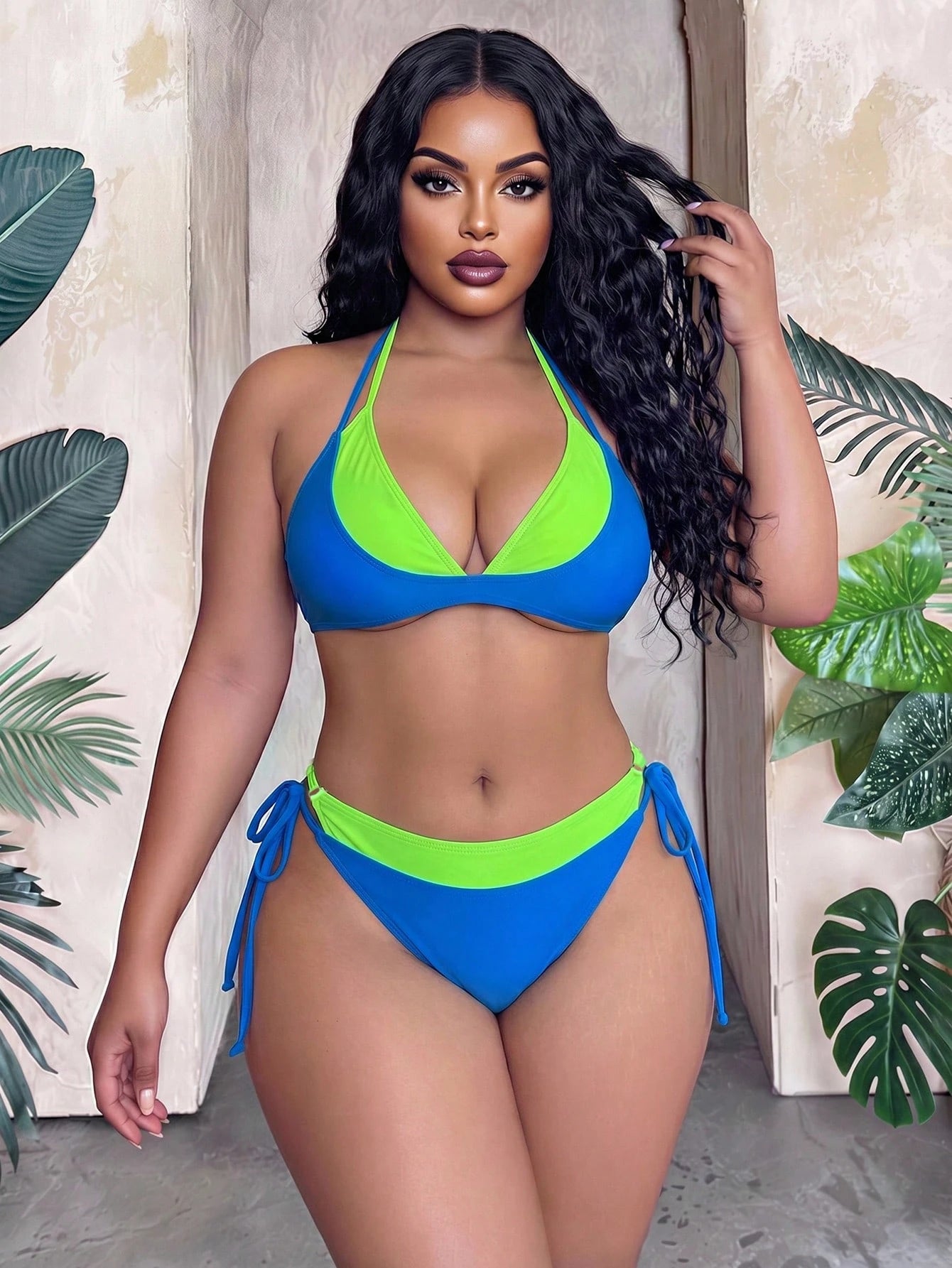 Slaydiva Plus Size European And American Color Block Triangle Halter Knotted Bikini Set, Splicing Swimwear For Beach Holiday Holiday Blue Green Summer