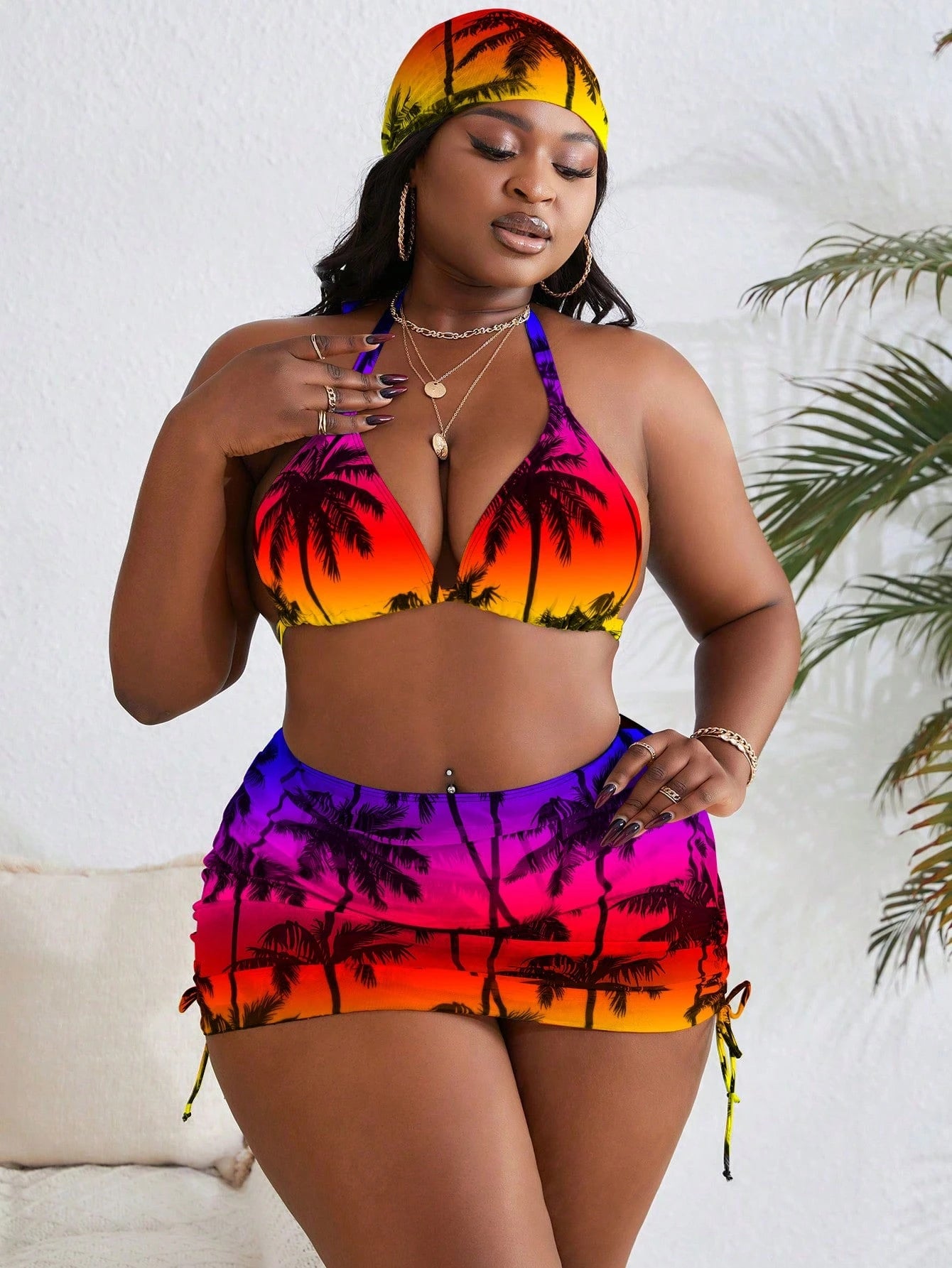 Slaydiva Plus Size Halter Neck Tie Back Floral Allover Print Bikini Top And Bottoms Set Summer
