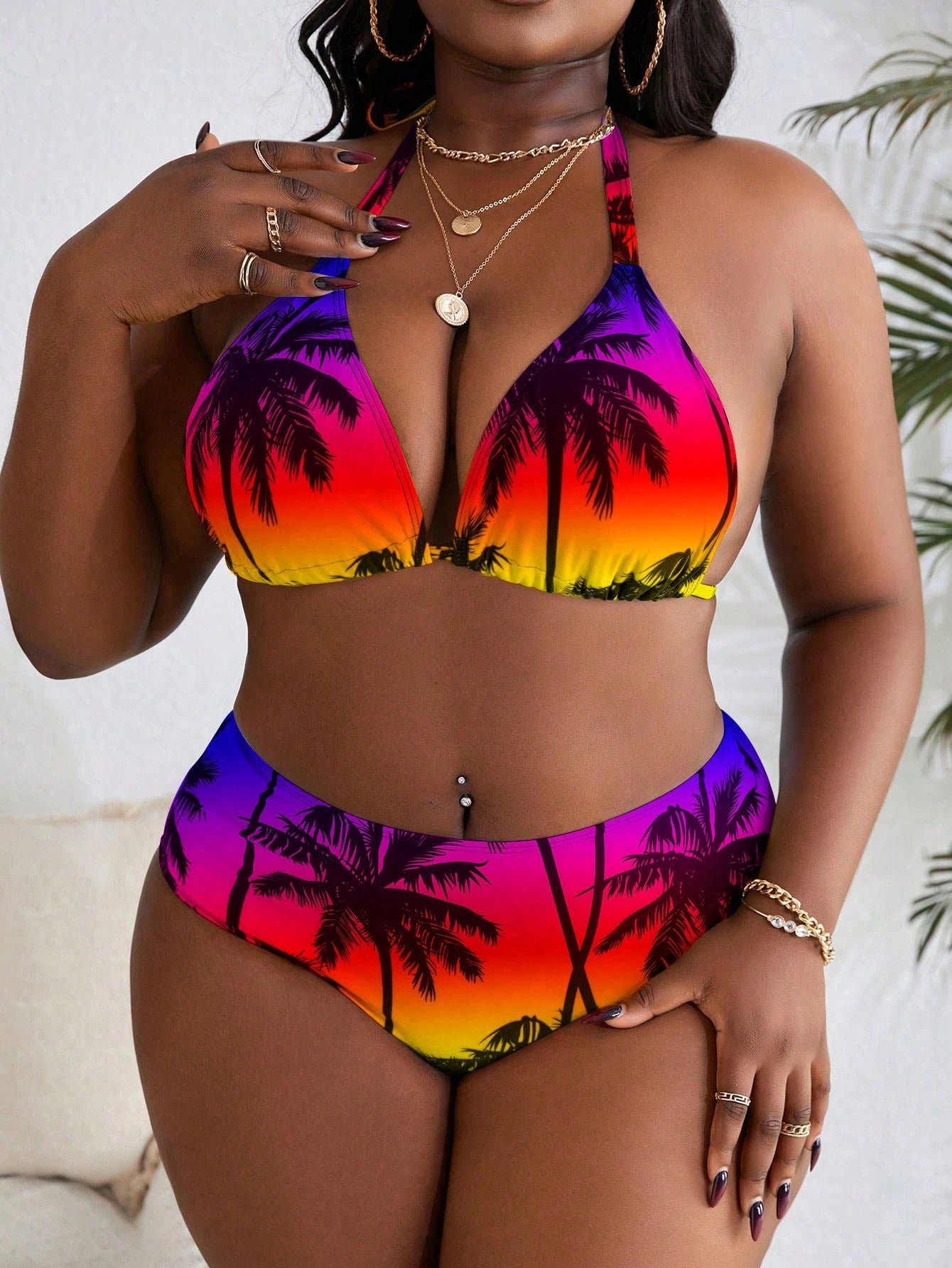 Slaydiva Plus Size Halter Neck Tie Back Floral Allover Print Bikini Top And Bottoms Set Summer