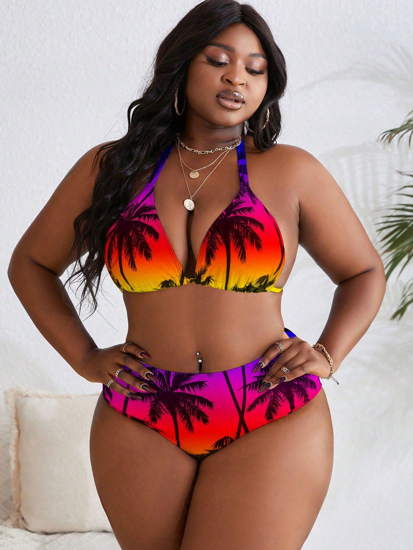 Slaydiva Plus Size Halter Neck Tie Back Floral Allover Print Bikini Top And Bottoms Set Summer