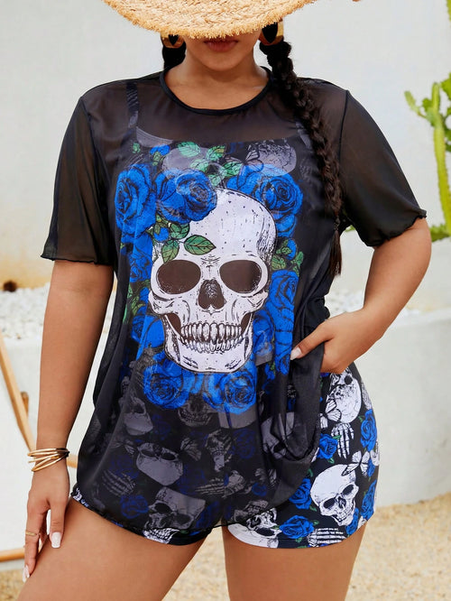 Slaydiva Plus Size Punk Skull Rose 3-Piece Bikini Set