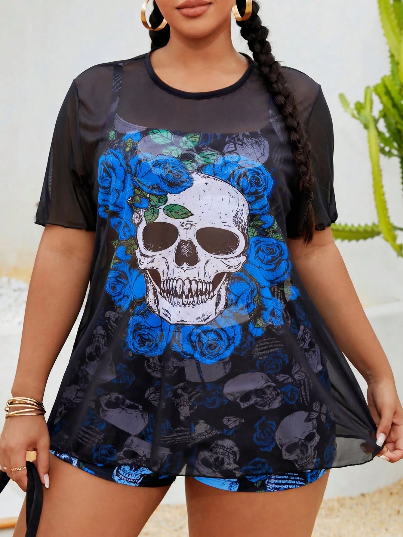 Slaydiva Plus Size Punk Skull Rose 3-Piece Bikini Set