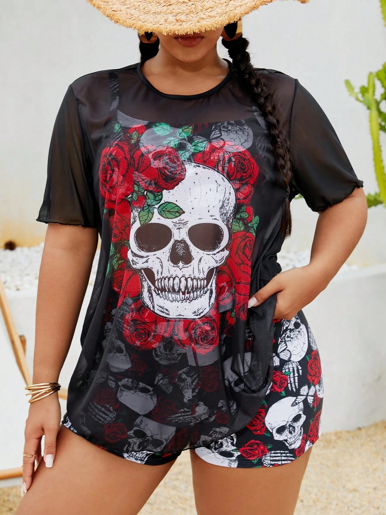 Slaydiva Plus Size Punk Skull Rose 3-Piece Bikini Set