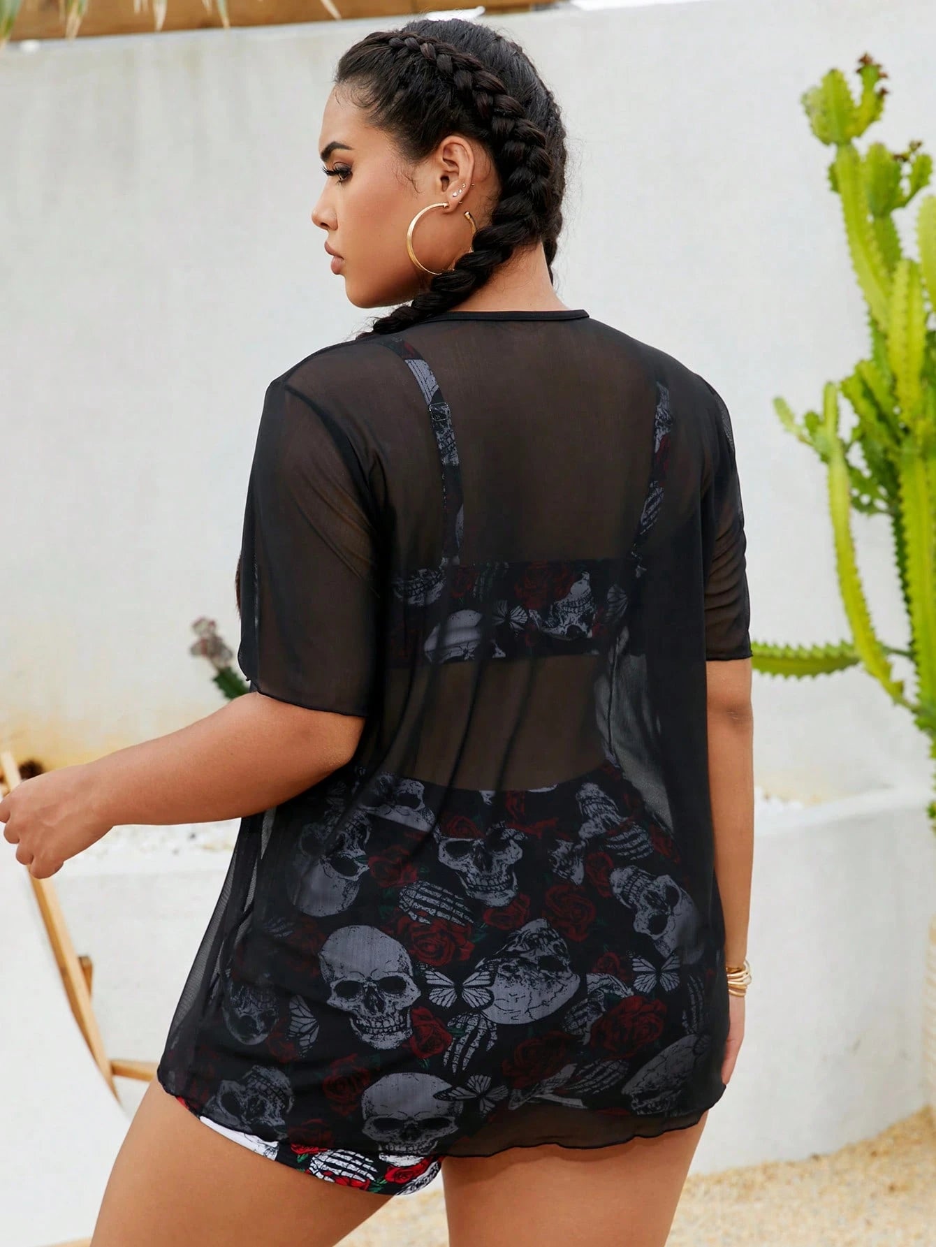 Slaydiva Plus Size Punk Skull Rose 3-Piece Bikini Set