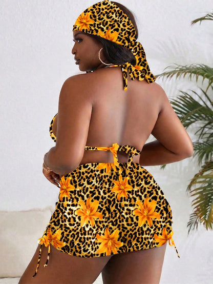 Slaydiva Plus Size Random Print Halter 3-Piece Swimwear Set,4pcs Beach Outfits For Women,Brunch Vacation Holiday Summer Beach Beige Vacation Outfits