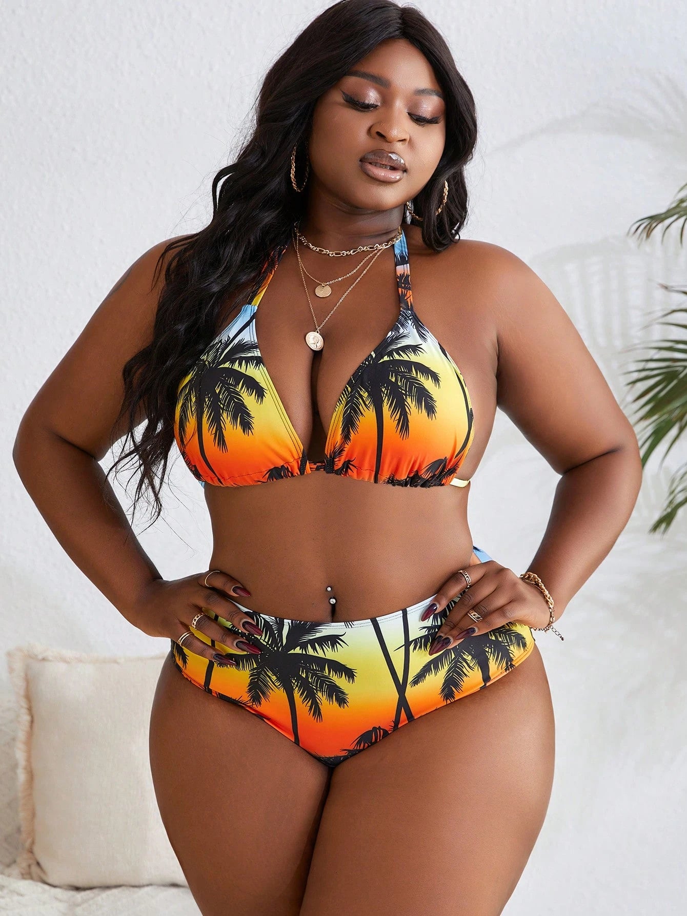 Slaydiva Plus Size Random Print Halter 3-Piece Swimwear Set,4pcs Beach Outfits For Women,Brunch Vacation Holiday Summer Beach Beige Vacation Outfits