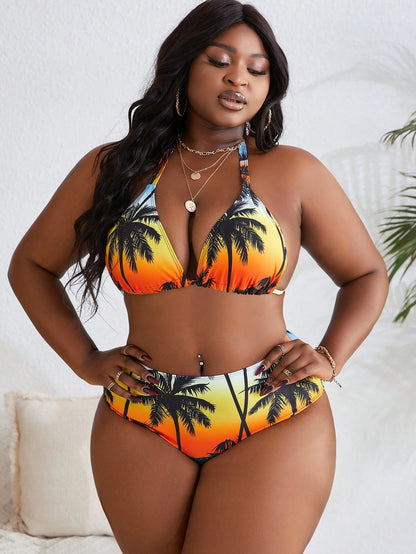 Slaydiva Plus Size Random Print Halter 3-Piece Swimwear Set,4pcs Beach Outfits For Women,Brunch Vacation Holiday Summer Beach Beige Vacation Outfits