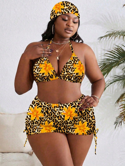 Slaydiva Plus Size Random Print Halter 3-Piece Swimwear Set,4pcs Beach Outfits For Women,Brunch Vacation Holiday Summer Beach Beige Vacation Outfits