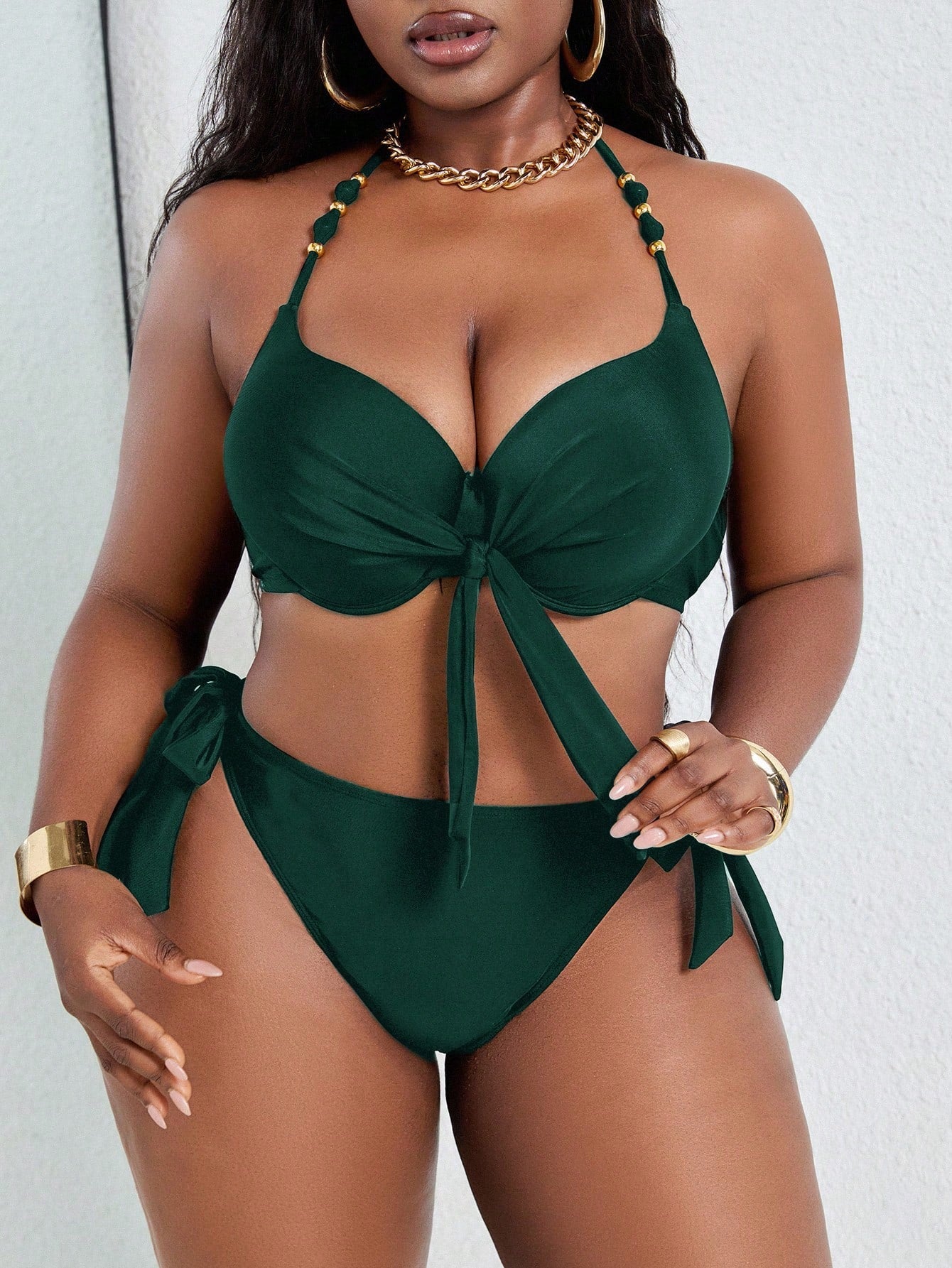 Slaydiva Plus Size Sexy Metal Underwire Bikini Set, Adjustable Halter Neck For Summer Beach Vacation