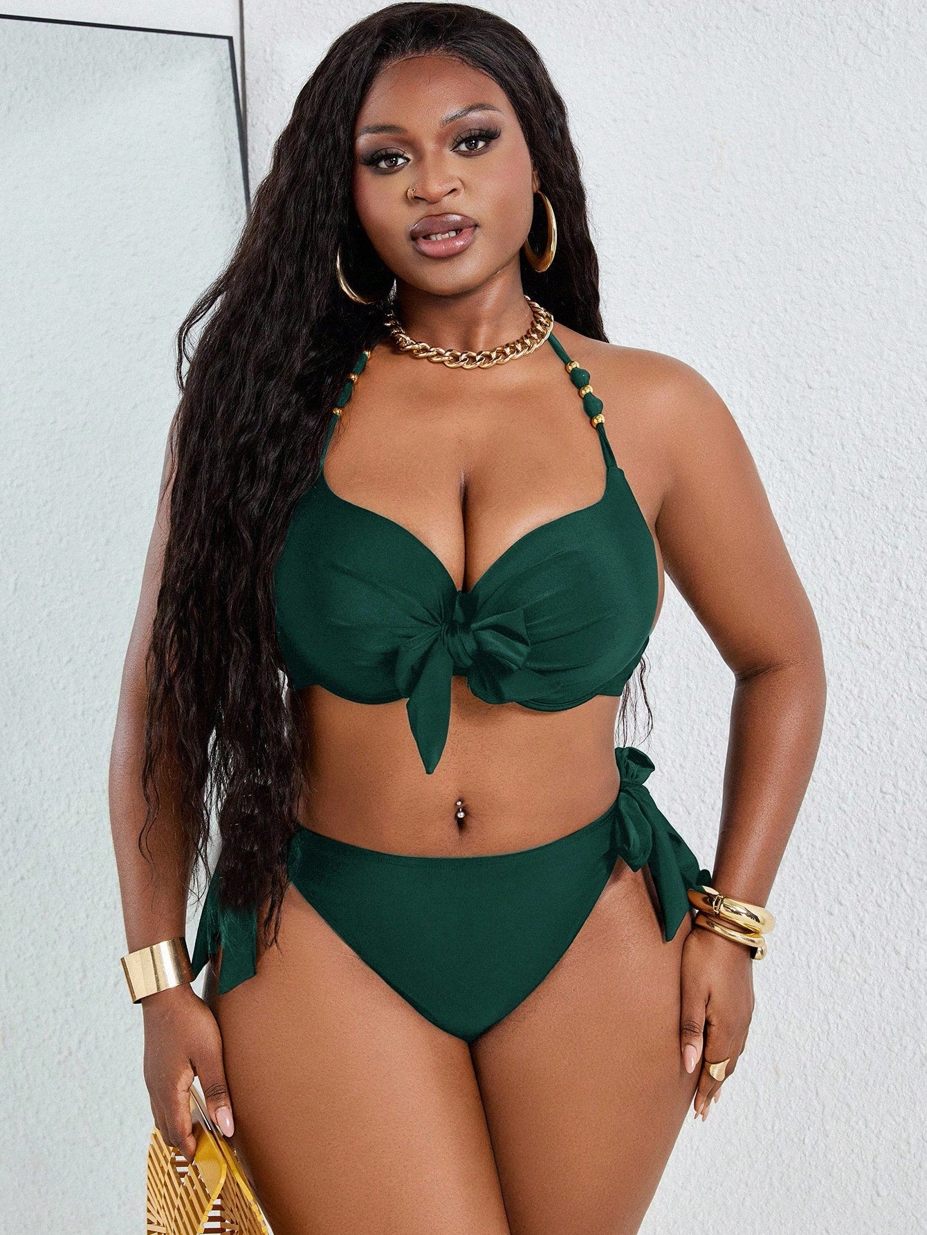 Slaydiva Plus Size Sexy Metal Underwire Bikini Set, Adjustable Halter Neck For Summer Beach Vacation