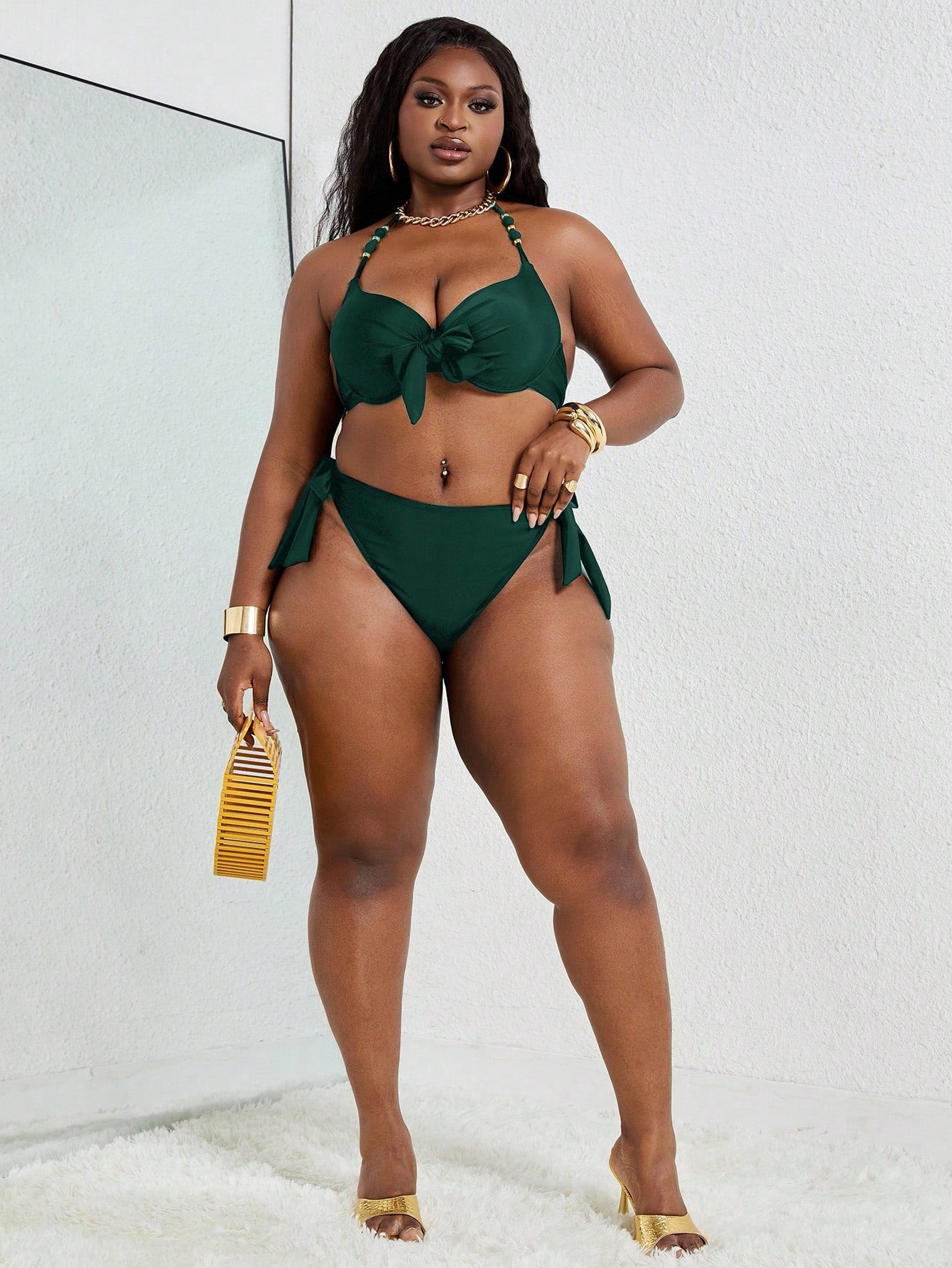 Slaydiva Plus Size Sexy Metal Underwire Bikini Set, Adjustable Halter Neck For Summer Beach Vacation