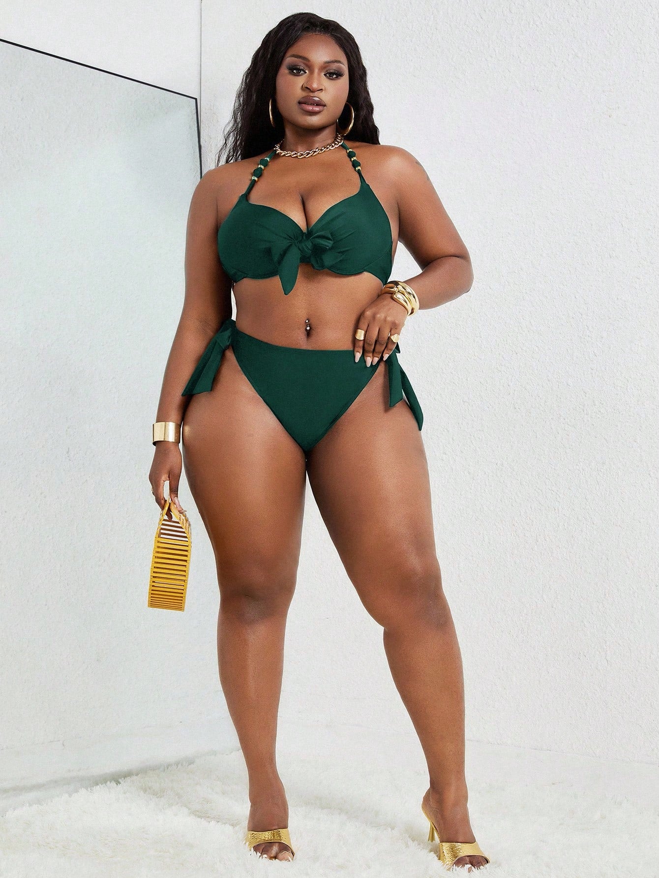 Slaydiva Plus Size Sexy Metal Underwire Bikini Set, Adjustable Halter Neck For Summer Beach Vacation
