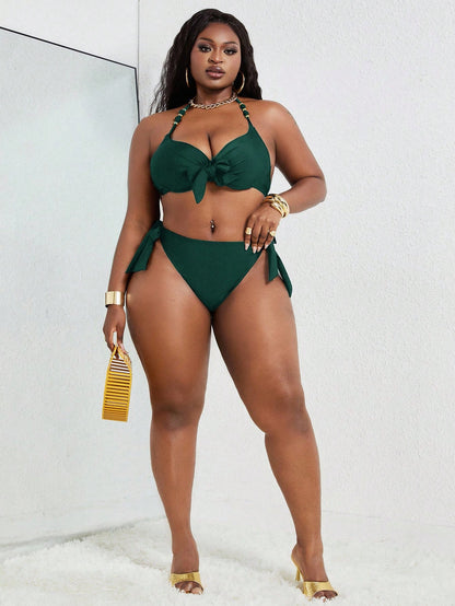 Slaydiva Plus Size Sexy Metal Underwire Bikini Set, Adjustable Halter Neck For Summer Beach Vacation