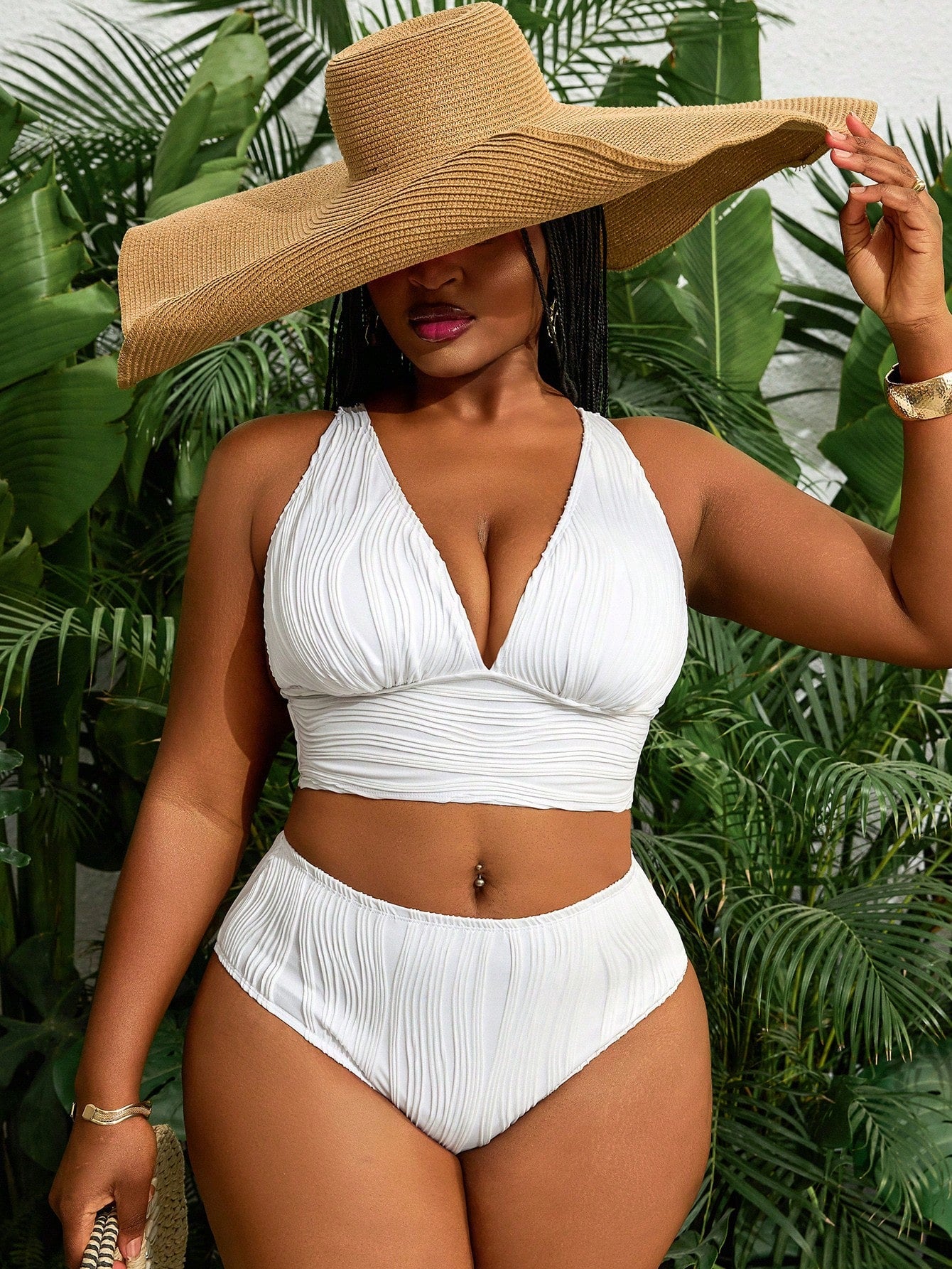 Slaydiva Plus Size Vacation Minimalist Textured Fabric Swimsuit Set For Summer