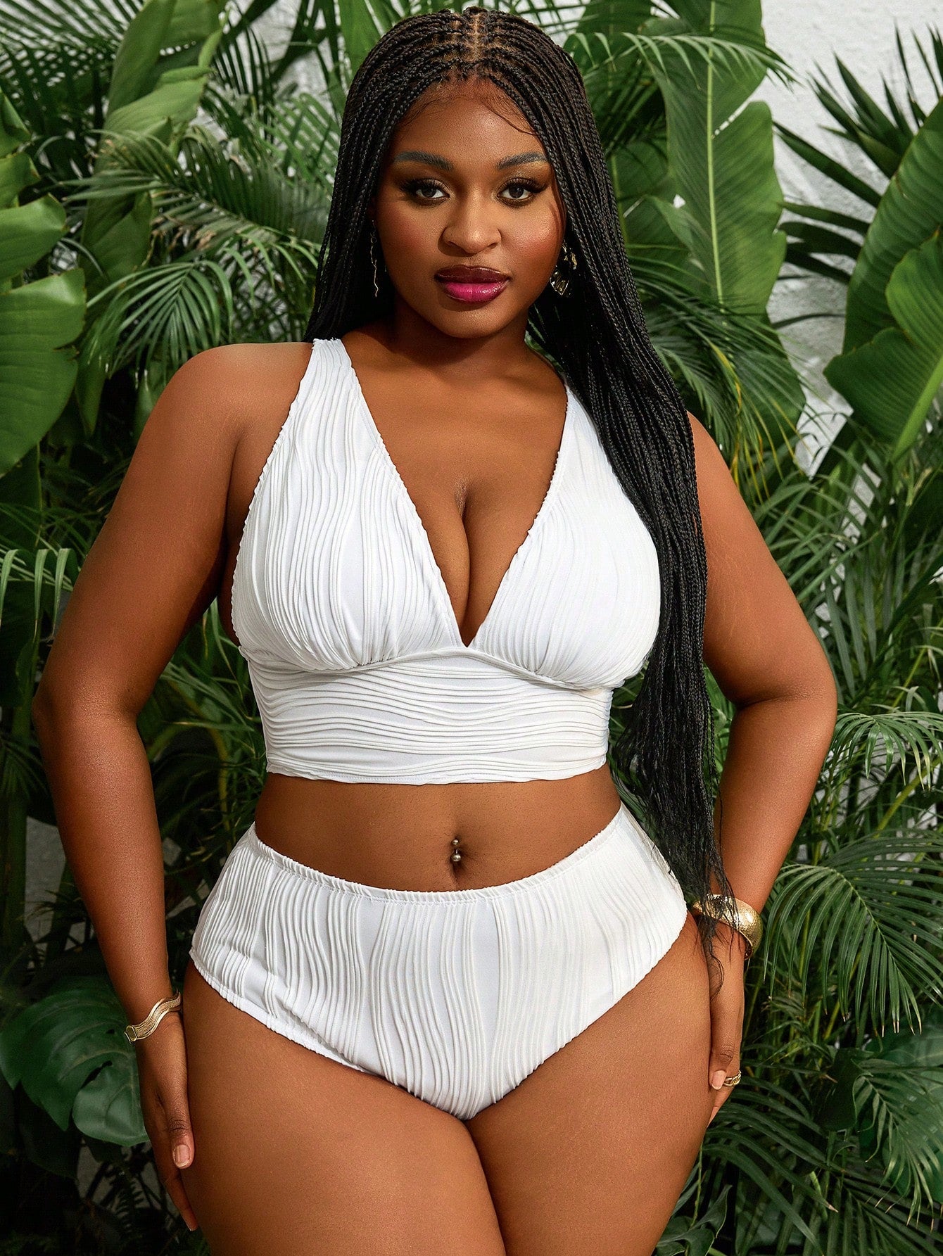 Slaydiva Plus Size Vacation Minimalist Textured Fabric Swimsuit Set For Summer