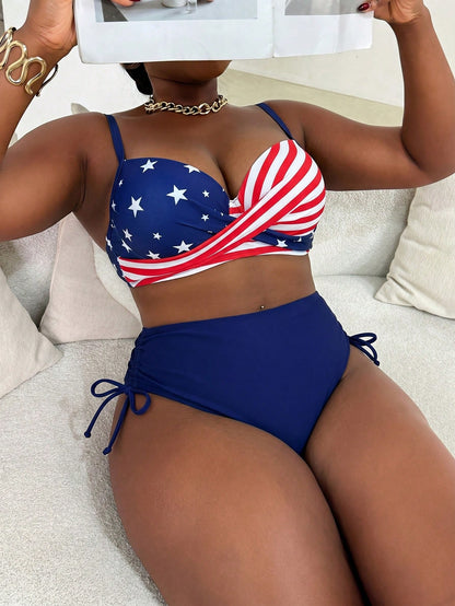 Slaydiva Plus Size Women 2pcs/Set Random Print Underwire Bikini Swimwear, Casual Holiday Outfit