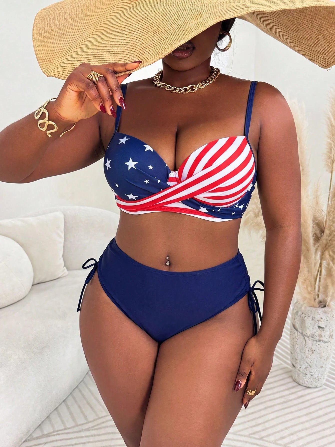Slaydiva Plus Size Women 2pcs/Set Random Print Underwire Bikini Swimwear, Casual Holiday Outfit