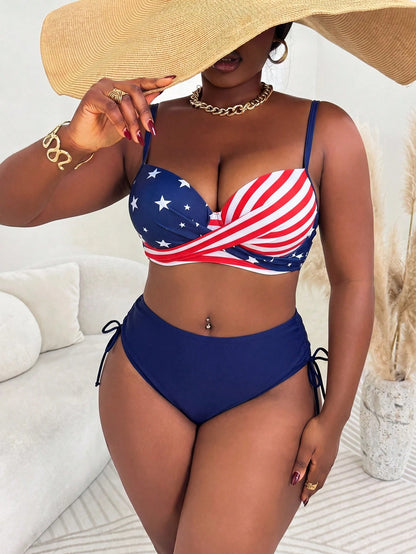 Slaydiva Plus Size Women 2pcs/Set Random Print Underwire Bikini Swimwear, Casual Holiday Outfit
