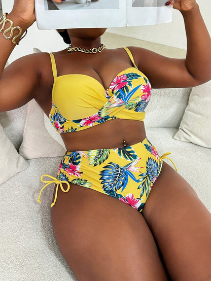 Slaydiva Plus Size Women 2pcs/Set Random Print Underwire Bikini Swimwear, Casual Holiday Outfit