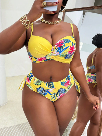 Slaydiva Plus Size Women 2pcs/Set Random Print Underwire Bikini Swimwear, Casual Holiday Outfit