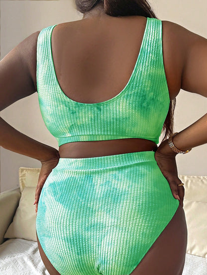 Slaydiva Plus Size Women 2pcs Set Tie-Dye Printed Bikini Swimwear,Fashionable Casual Summer Kawaii Green And Pink Beach Holiday Two Pieces Outfit For Woman