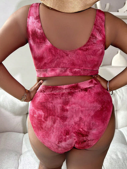 Slaydiva Plus Size Women 2pcs Set Tie-Dye Printed Bikini Swimwear,Fashionable Casual Summer Kawaii Green And Pink Beach Holiday Two Pieces Outfit For Woman