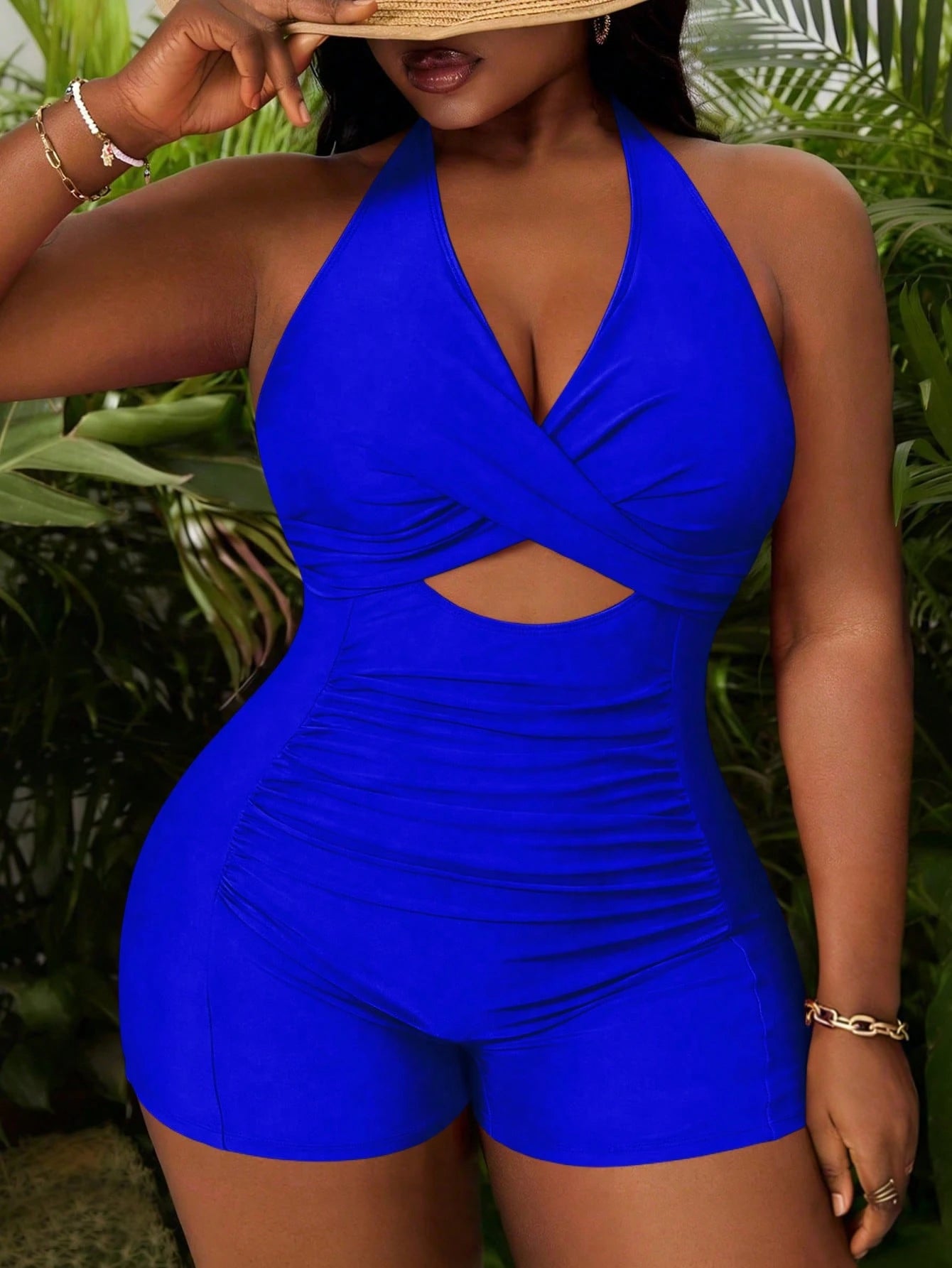 Slaydiva Plus Size Women's Fuchsia Deep V Neck Hollow Out Ruched One-Piece Swimsuit, Beach Holiday