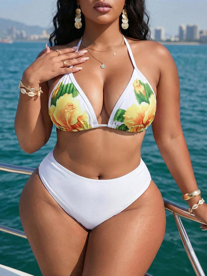 Slaydiva Plus Size Women's Sexy Floral Print Backless Halter Bikini Set With Cover Up Skirt 3-Piece Suit, Beach Holiday
