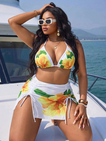 Slaydiva Plus Size Women's Sexy Floral Print Backless Halter Bikini Set With Cover Up Skirt 3-Piece Suit, Beach Holiday