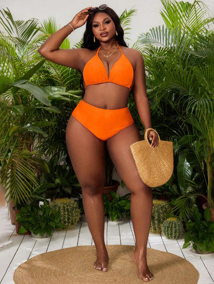 Slaydiva Plus Size Women's Solid Color Halter Tie Sexy Bikini And Triangle Panty Swimwear Set