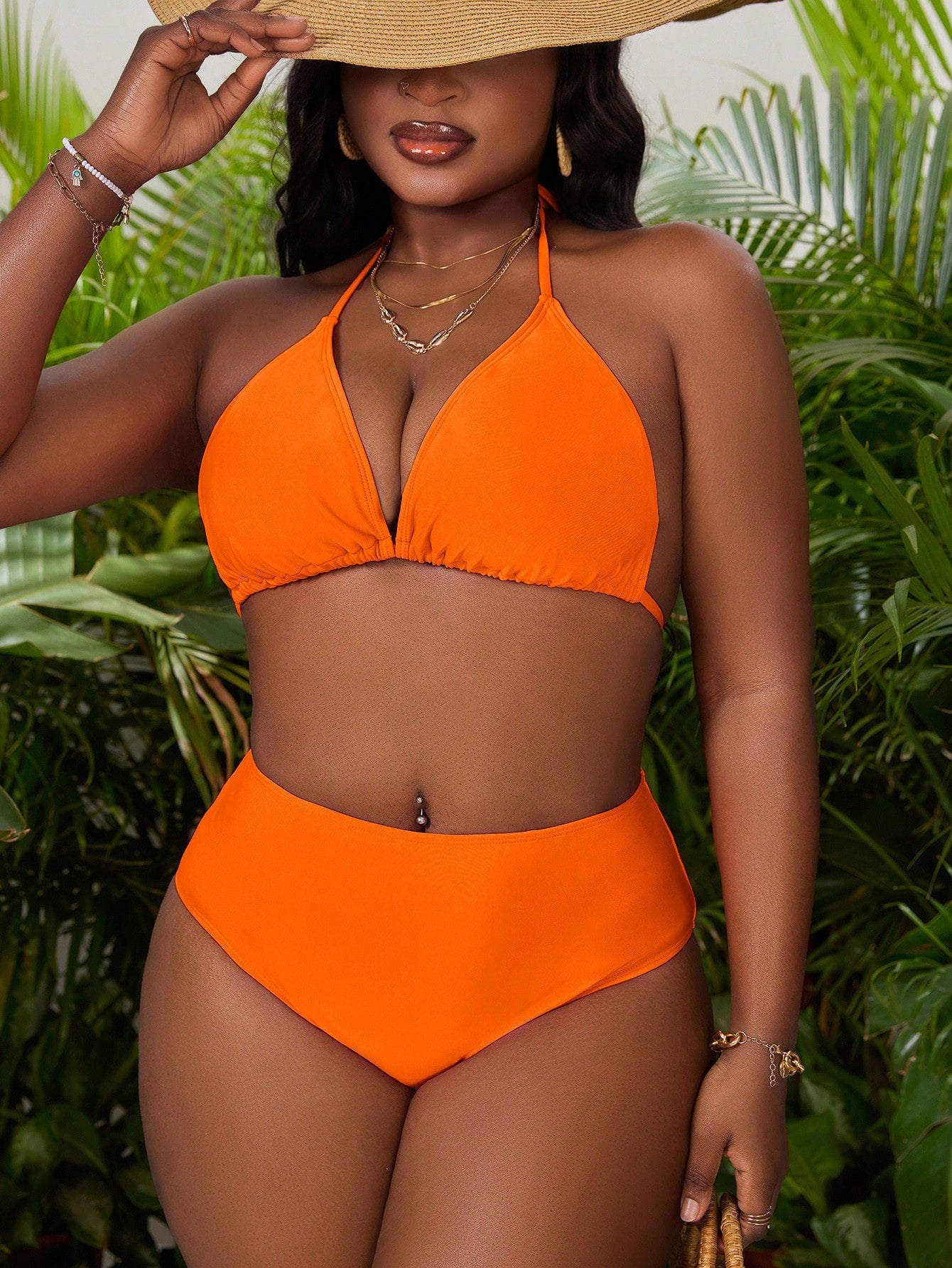 Slaydiva Plus Size Women's Solid Color Halter Tie Sexy Bikini And Triangle Panty Swimwear Set