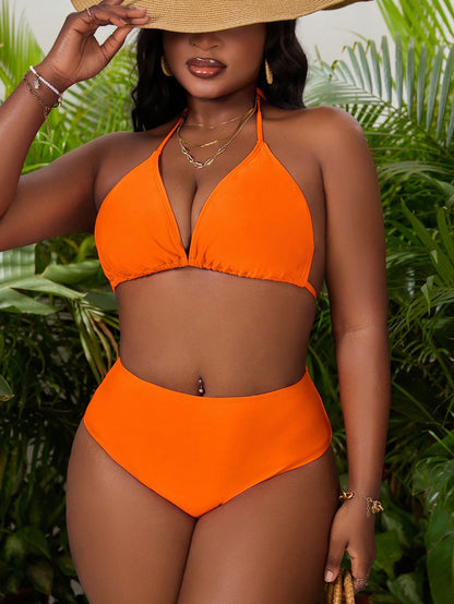 Slaydiva Plus Size Women's Solid Color Halter Tie Sexy Bikini And Triangle Panty Swimwear Set