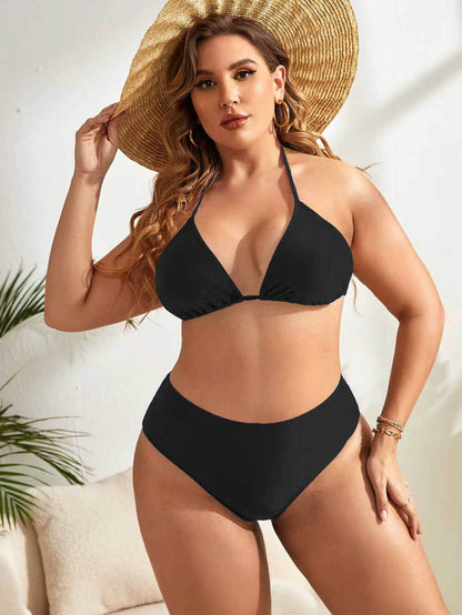 Slaydiva Plus Size Women's Solid Color Halter Tie Sexy Bikini And Triangle Panty Swimwear Set