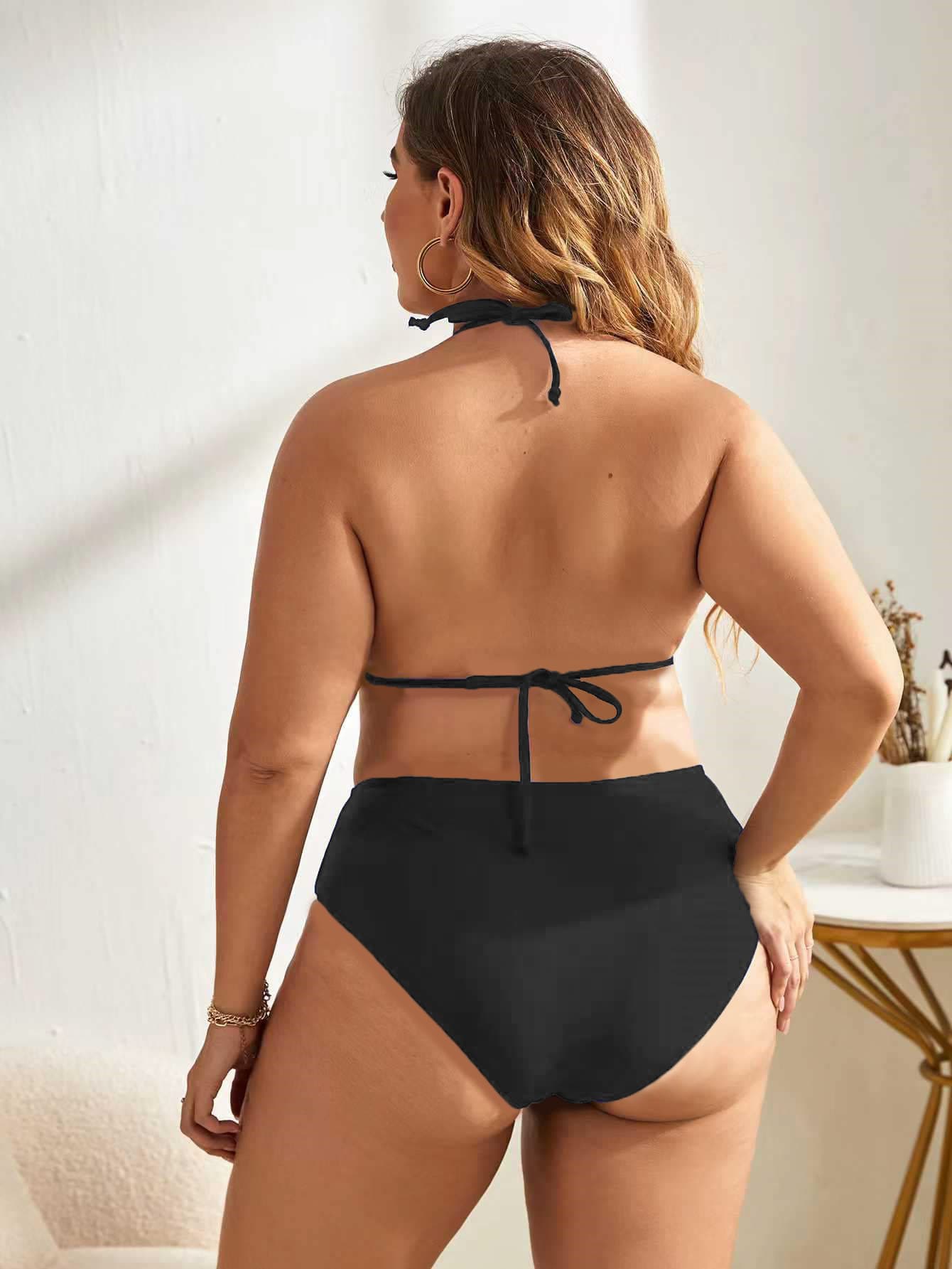 Slaydiva Plus Size Women's Solid Color Halter Tie Sexy Bikini And Triangle Panty Swimwear Set