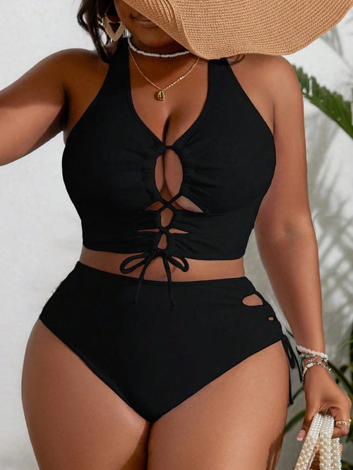 Slaydiva Plus Size Women's Solid Color Hollow-Out Strap Sexy Bikini Set, Summer Beachwear
