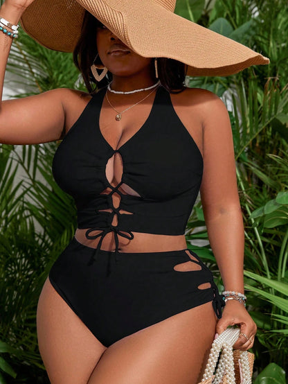 Slaydiva Plus Size Women's Solid Color Hollow-Out Strap Sexy Bikini Set, Summer Beachwear