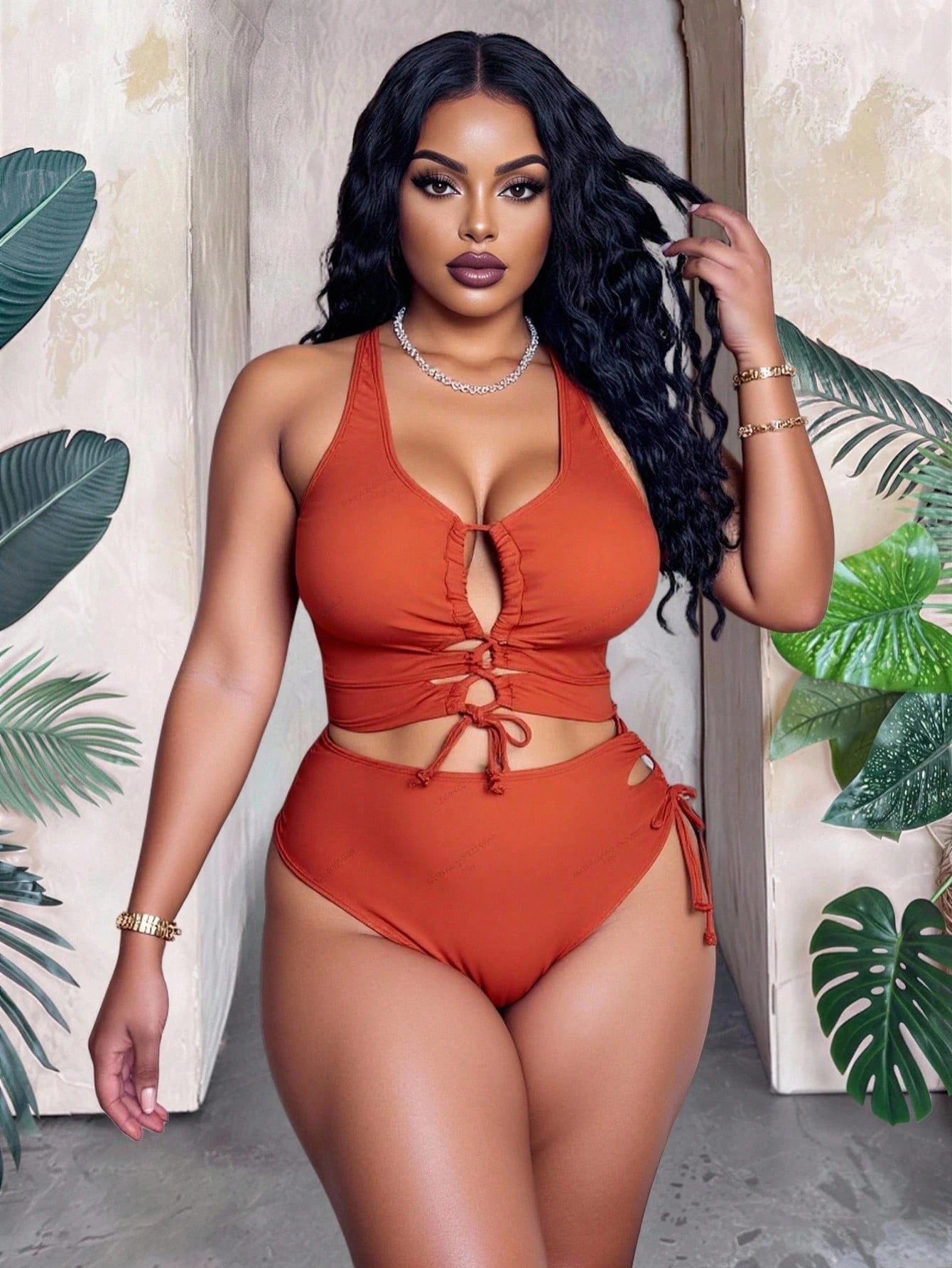Slaydiva Plus Size Women's Solid Color Hollow-Out Strap Sexy Bikini Set, Summer Beachwear