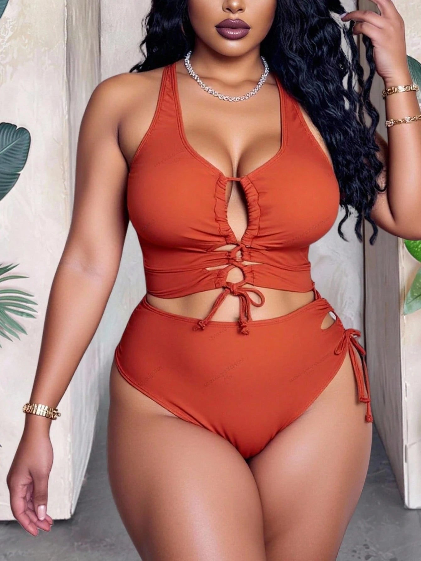 Slaydiva Plus Size Women's Solid Color Hollow-Out Strap Sexy Bikini Set, Summer Beachwear