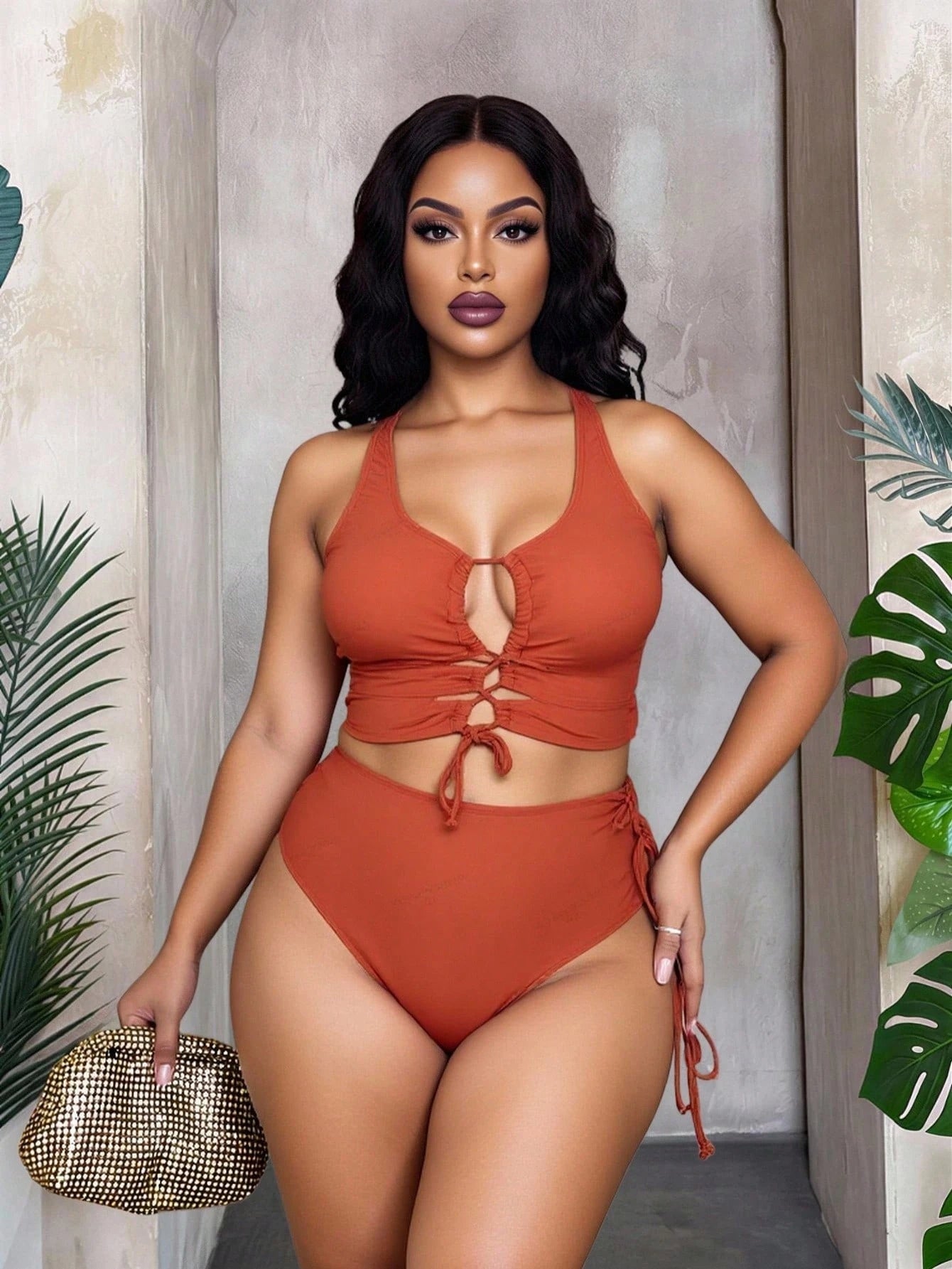 Slaydiva Plus Size Women's Solid Color Hollow-Out Strap Sexy Bikini Set, Summer Beachwear