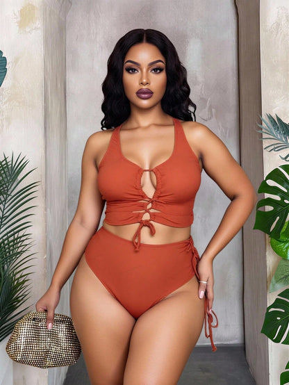 Slaydiva Plus Size Women's Solid Color Hollow-Out Strap Sexy Bikini Set, Summer Beachwear