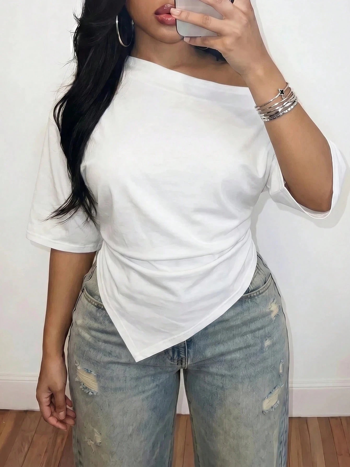 Slaydiva Plus Size Women's White Summer Smart Casual Night Top,Asymmetrical Shoulder 3/4 Sleeve Waist Ruched Slit Hem Elegant Beach Semi Formal Bussines Cruise
